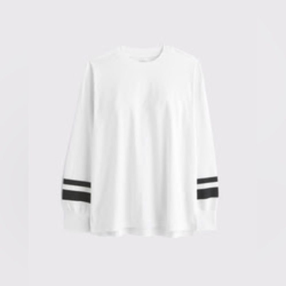 EUC S Abercrombie & Fitch White Long Sleeve Tee with Black Sleeve Stripes